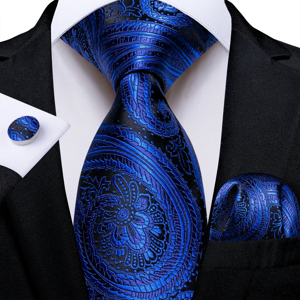 New Classic 100% Silk Men's Ties 8cm Blue Plaid Dot Striped Business Necktie Handkerchief Wedding Party Tie Set Gravatas DiBanGu