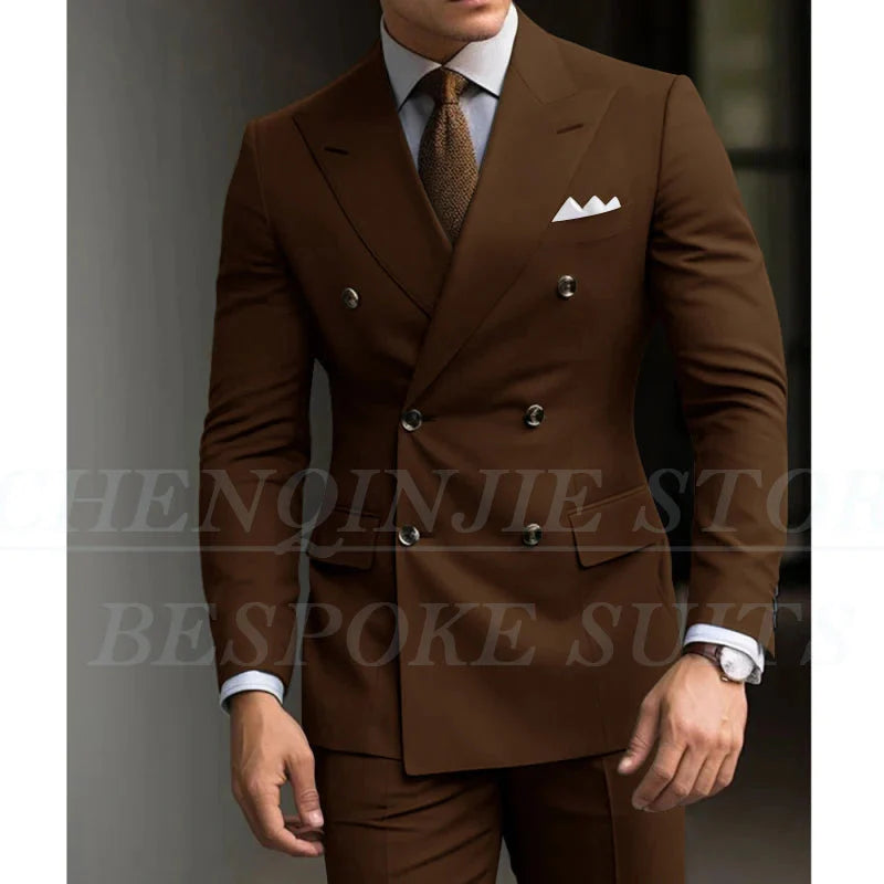 SHOWLU men's slim fit green 2-piece suit with double-breasted blazer, tailored for a sleek, modern wedding or formal occasion