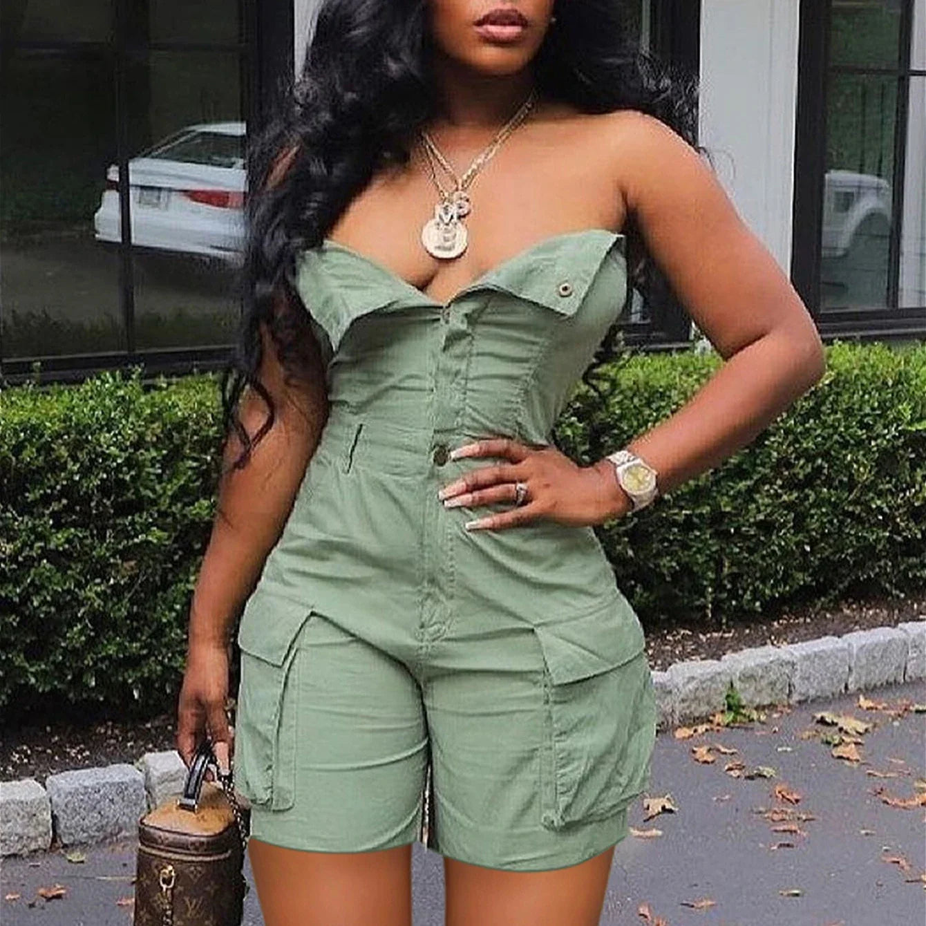 Kalenmos women's strapless denim jumpsuit with high waist, Y2K-inspired design, featuring fitted bodice and wide-leg style.