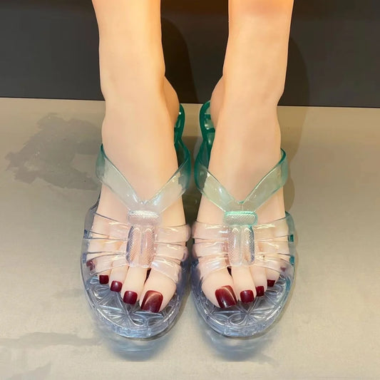 Women's Sandals High Heel Sandals Summer  Jelly Shoes Flat Slippers Home Flip-Flops Outdoor Retro Sandals Transparent Slippers