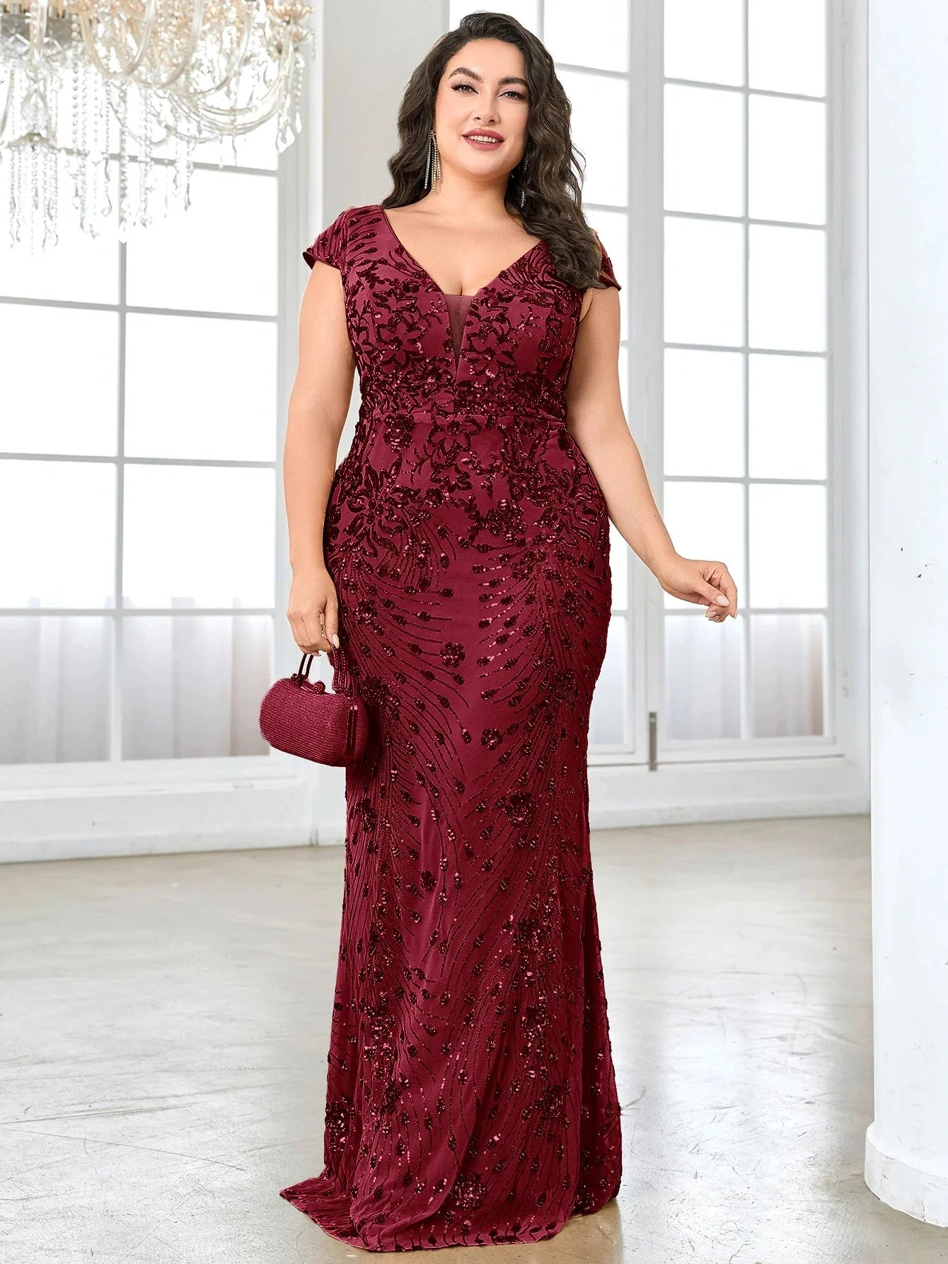 SHOWLU FASHION STORE blue sequin mermaid evening dress with V-neck, long formal gown, elegant and fitted for special occasions.