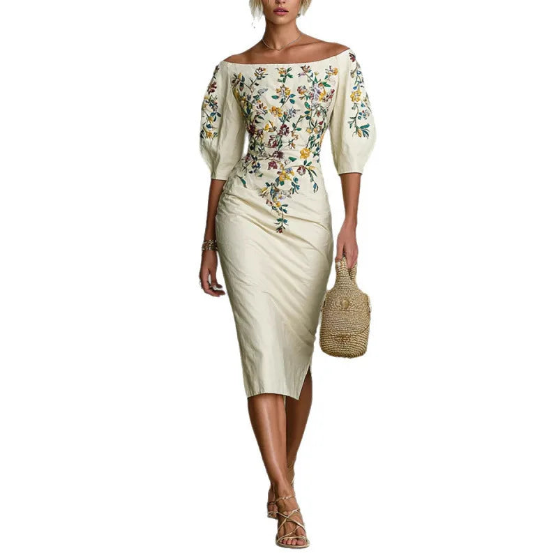 Women's digital print one-shoulder lantern sleeve sheath dress by Showlu Fashion featuring a stylish design and vibrant print.