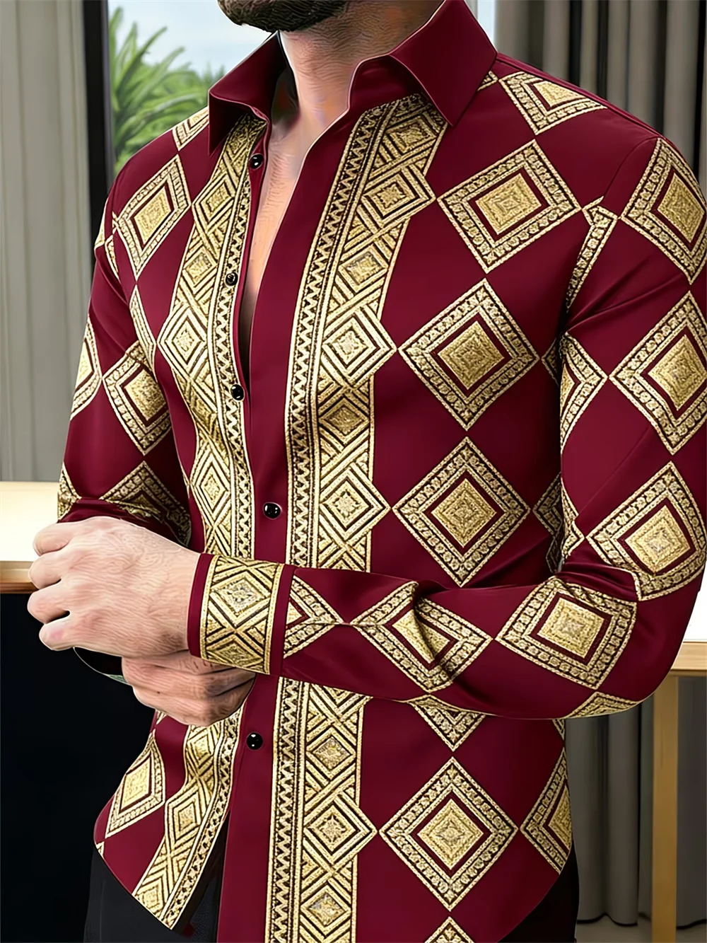 Men's long sleeve shirt with 3D clover print and collar, showcasing high-quality casual pattern from Showlu Fashion Store.