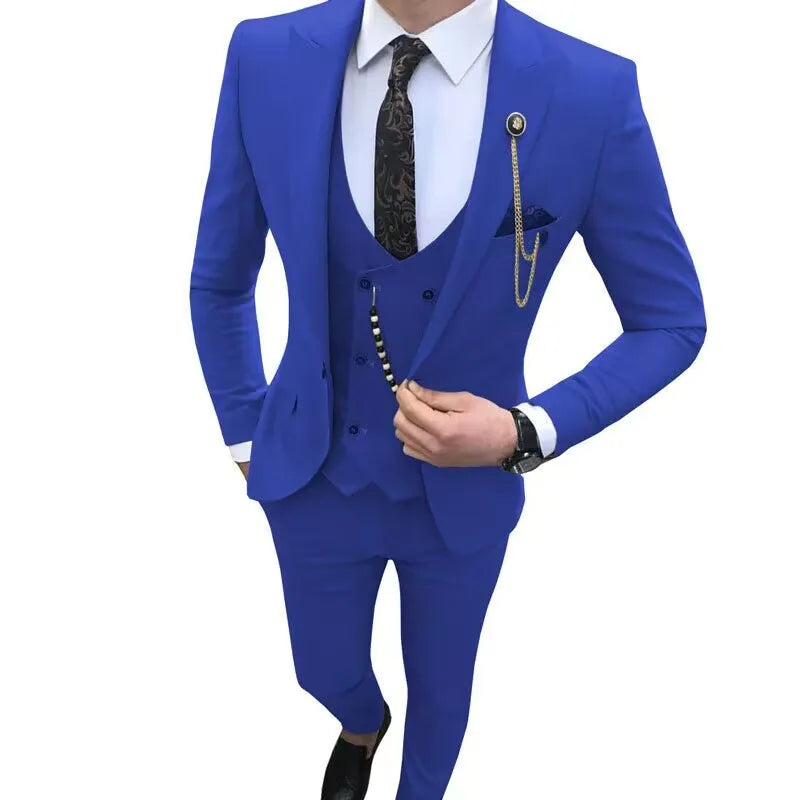 SHOWLU Men's 3-piece slim fit wool suit featuring a single-breasted tuxedo style, perfect for formal occasions and weddings.