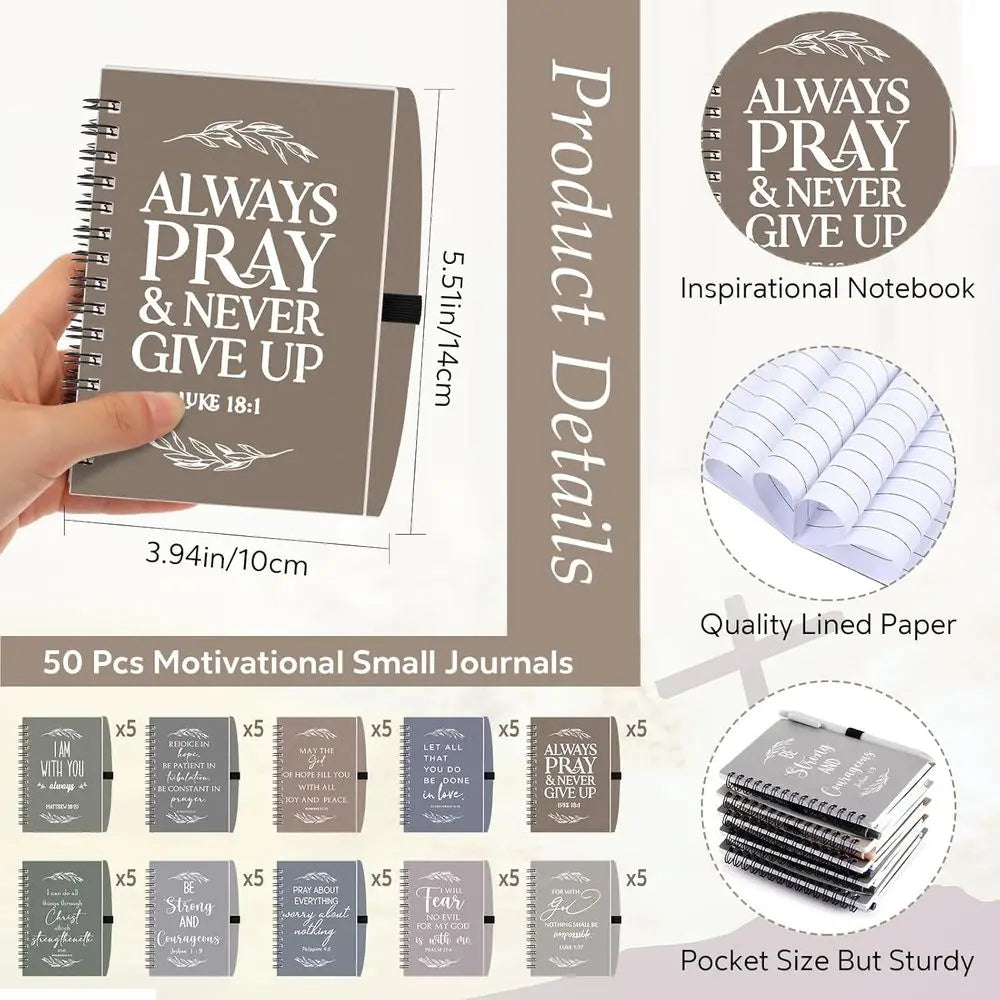 Showlu Christian spiral notebooks and Bible verse pens in a 50-set bulk pack, featuring colorful covers and inspirational Scripture quotes.