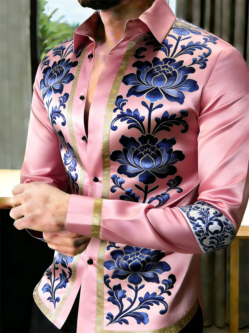 Men's 3D printed long sleeve shirt with colorful floral pattern, casual lapel top by Showlu Fashion Store