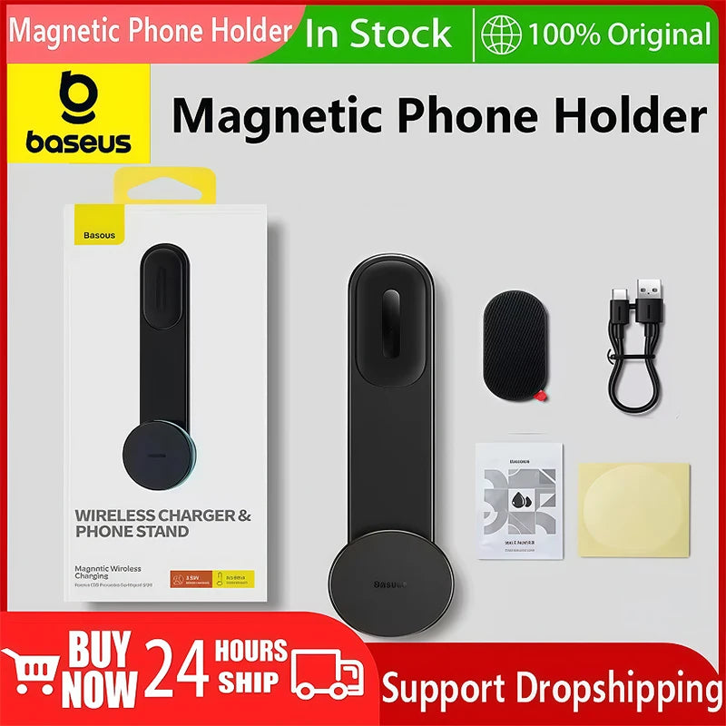 Showlu Smart Magnetic Foldable Car Phone Holder attached to dashboard, featuring adjustable arm and secure magnetic grip for smartphones.