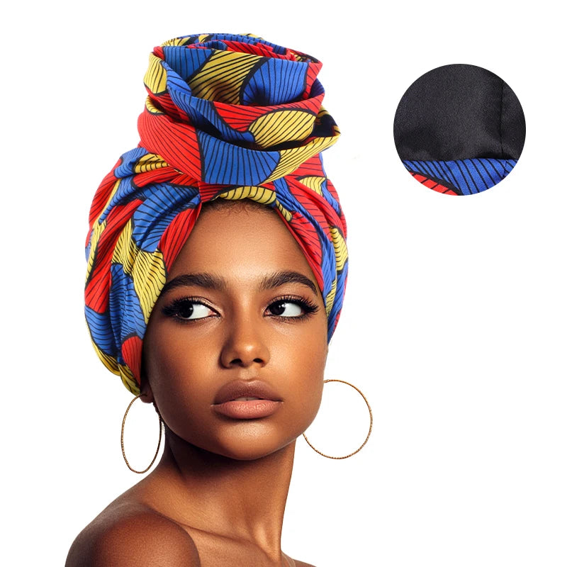 African satin-lined turban cap with a large floral print, stylish headwrap and Muslim-inspired bonnet for women.