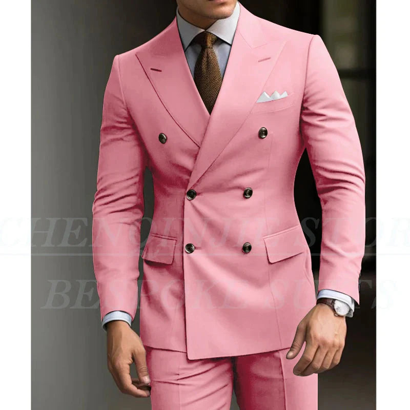 SHOWLU Men's slim fit green 2-piece suit with double-breasted blazer, perfect for weddings and formal occasions.