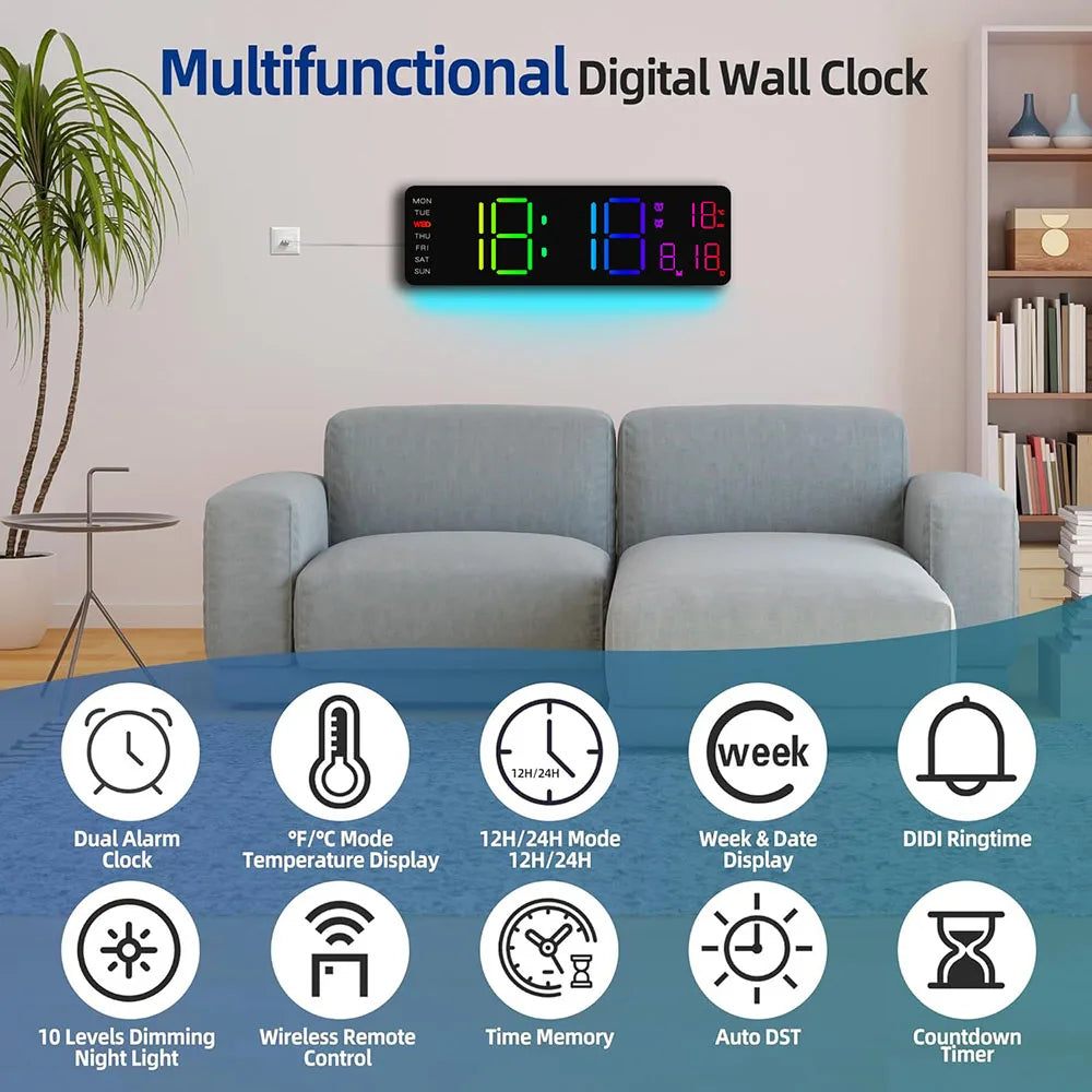 13-inch LED digital wall clock by Showlu Smart General with RGB night light, displaying time on a modern wall-mounted clock.
