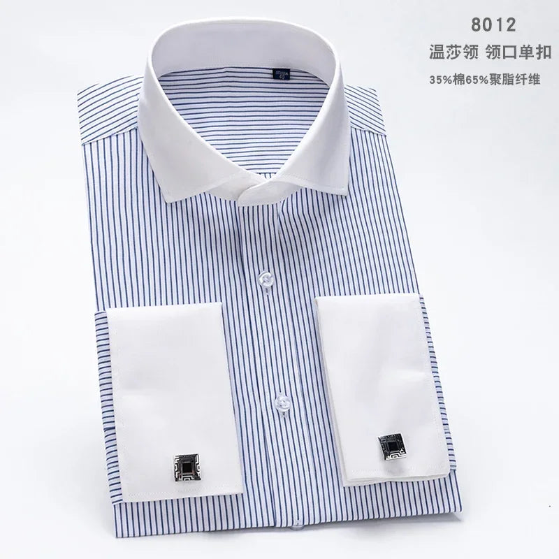 Men's French cufflink shirt long sleeved spring style multi-color collar high collar slim fit collar formal striped shirt