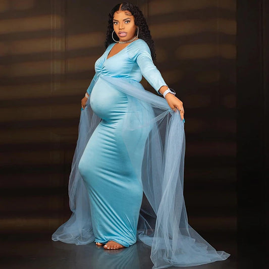 Maternity Long Sleeves Floor Length Mesh Dress Pregnant Dress With Long Train For Shooting Baby Baptism Party