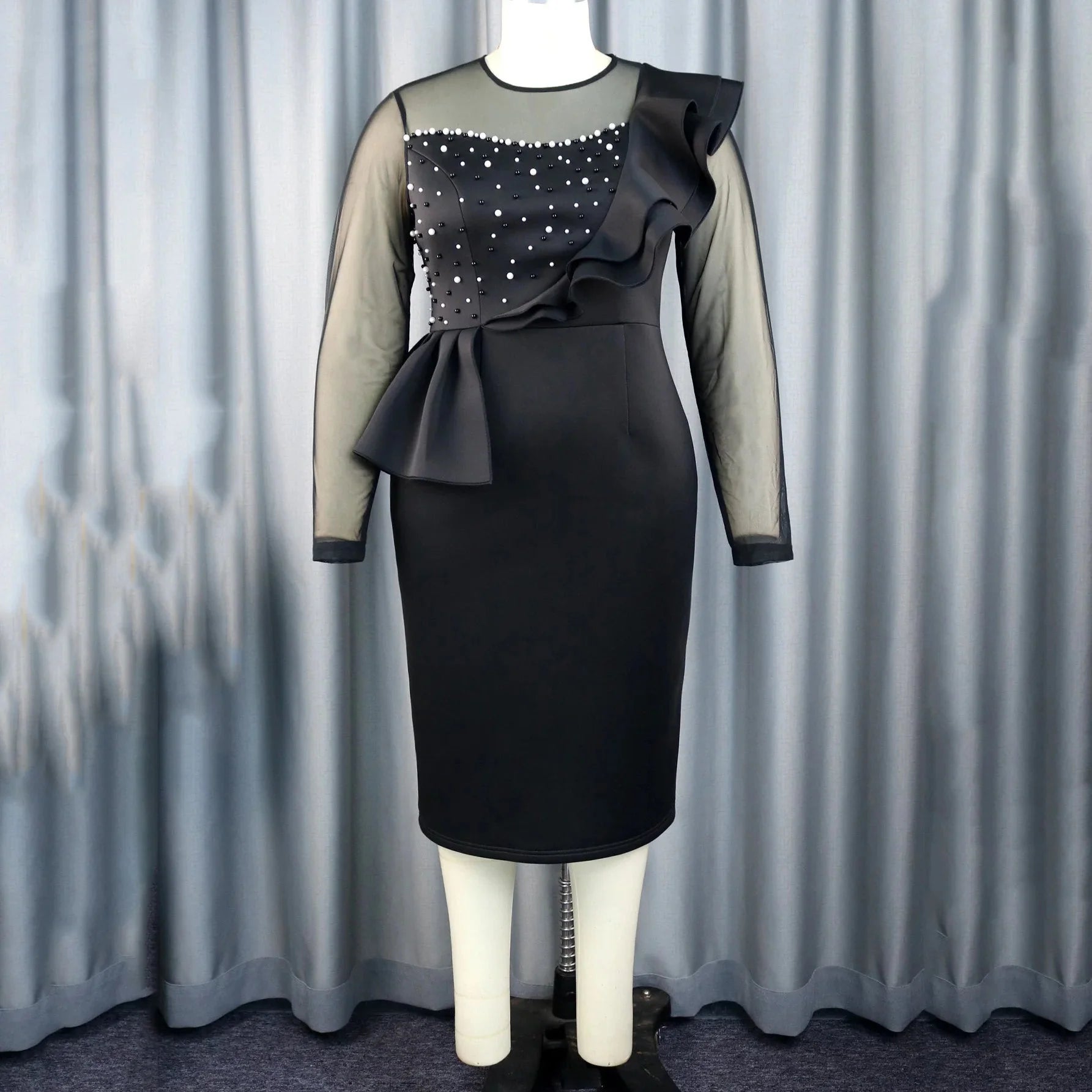 Beaded ruffle sheath dress by Showlu Fashion, luxury mid-calf party robe with intricate bead details and elegant design.
