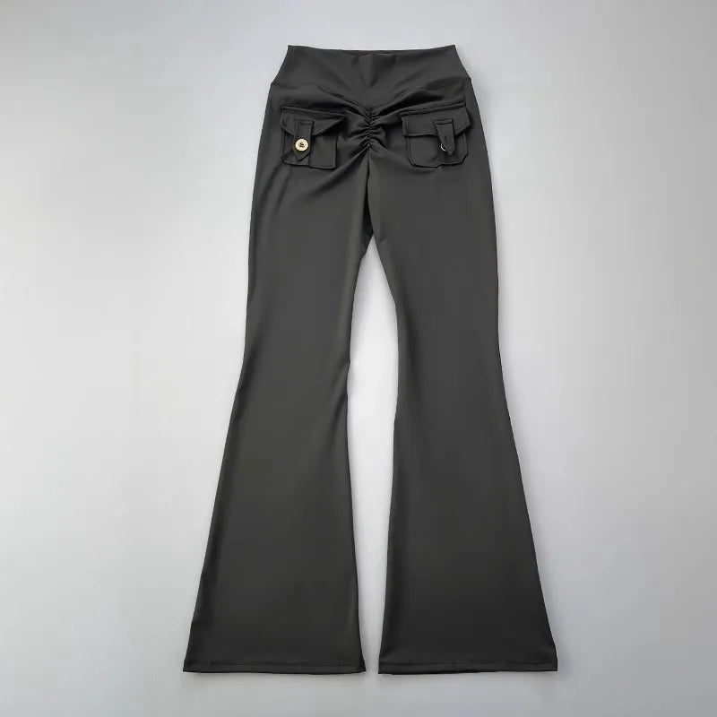 Showlu Fashion Store pocket micro horn yoga pants with hip lifting design, quick-drying fabric for fitness and dance training.
