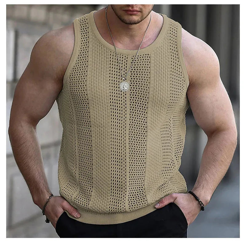 Slim knit men's tank top by SHOWLU FASHION, sleeveless summer hollow vest with a slim fit, perfect for warm weather.