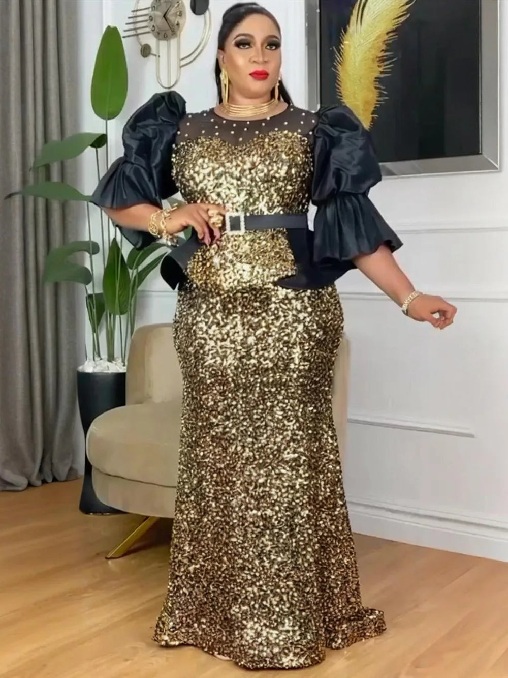 Luxury plus size African evening gown by ARTTY·FASHION with sequins, elegant party dress with intricate details and vibrant design.