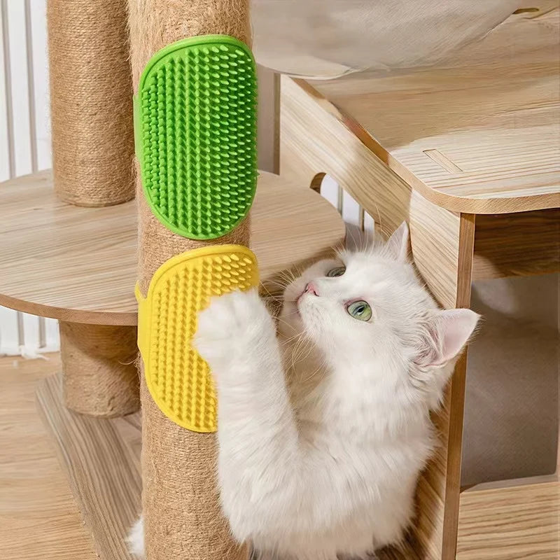 Silicone wall corner cat brush for scratching and grooming, adjustable, self-cleaning, suitable for kittens, puppies, and small dogs.