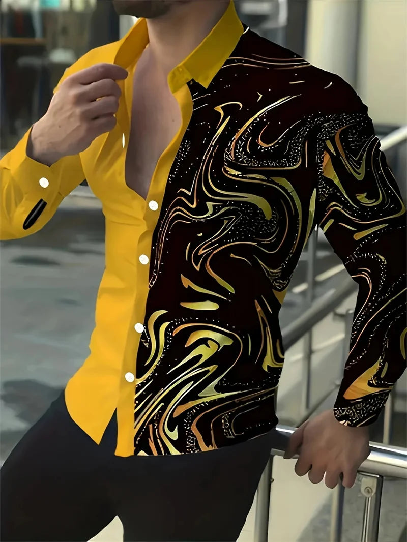 Men's casual street style printed long sleeve collar shirt in spring and autumn, by Showlu Fashion Store
