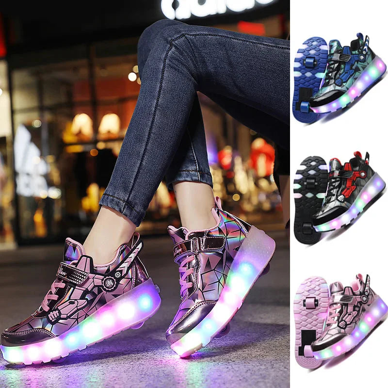 Children's flashing roller skates from Showlu Fashion with light-up outdoor sneakers, bright and fun for kids' active play.
