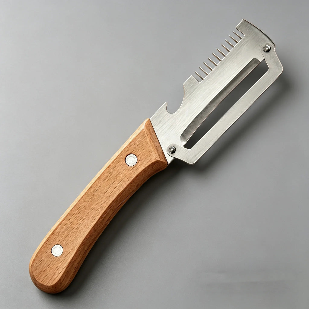 Stainless steel peeler with wooden handle for peeling and slicing fruits and vegetables, durable and easy to use.