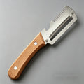Stainless steel peeler with wooden handle for peeling and slicing fruits and vegetables, durable and easy to use.