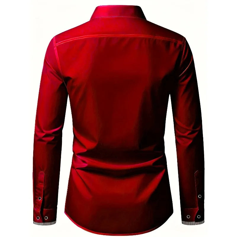 Men's patchwork shirt by Showlu Fashion Store featuring long sleeves, micro elastic fabric, suitable for casual or smart occasions.