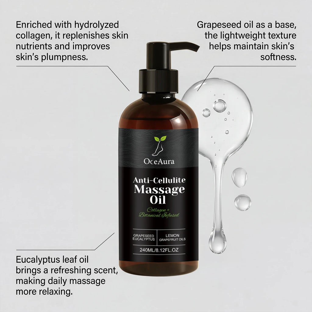 OceAura anti-cellulite massage oil by Showlu Fashion Store, featuring a sleek bottle with golden accents, designed for firming skin.