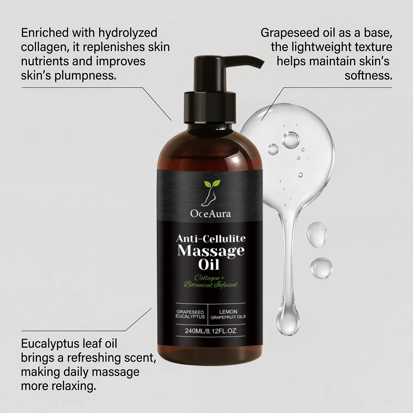 OceAura anti-cellulite massage oil by Showlu Fashion Store, featuring a sleek bottle with golden accents, designed for firming skin.
