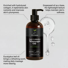 A bottle of OceAura anti-cellulite massage oil with a pump dispenser next to a drop of oil.