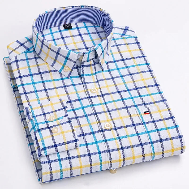 Men's long sleeve plaid Oxford casual dress shirt in solid color, 100% cotton, oversized fit, Showlu Fashion, 6XL size.