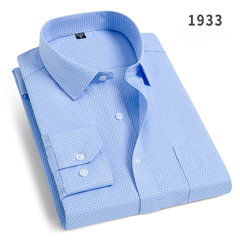 Plus size men's slim fit formal long-sleeve shirt with double collar, plain solid design, suitable for office and business wear