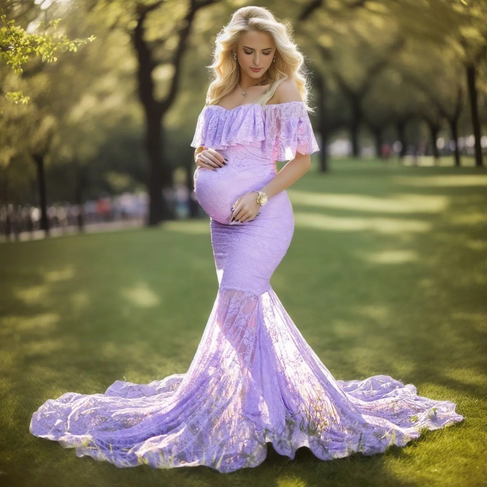 Showlu Fashion coral lace mesh maternity dress with sleeveless tulle design, perfect for stylish maternity wear.