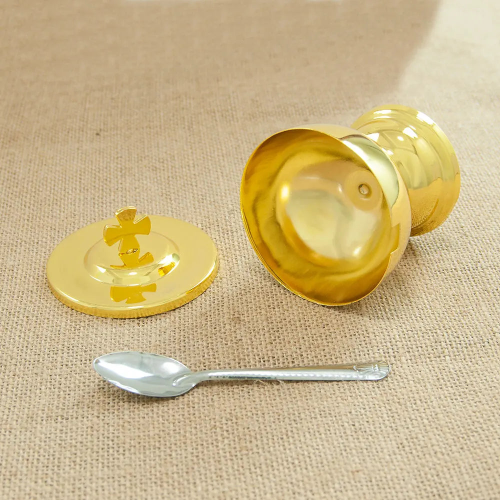 Showlu Golden Zinc Alloy Communion Cup with Spoon for church mass, featuring a polished finish and religious design.