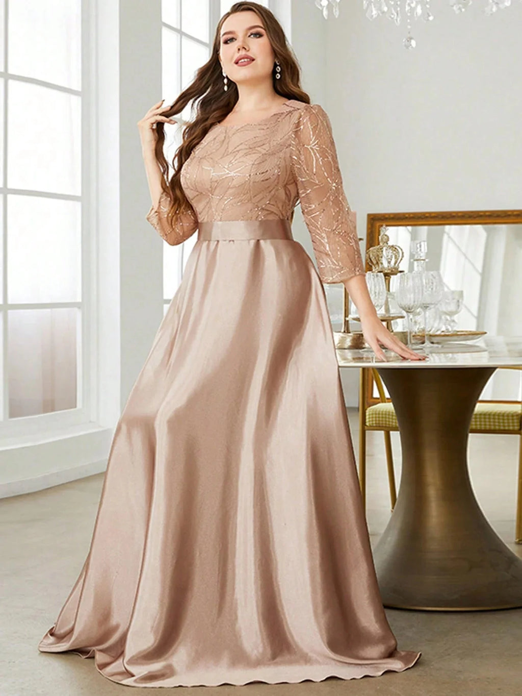 Long sleeve satin ball gown with sequin patchwork by SHOWLU FASHION STORE, elegant party dress with intricate sequin details