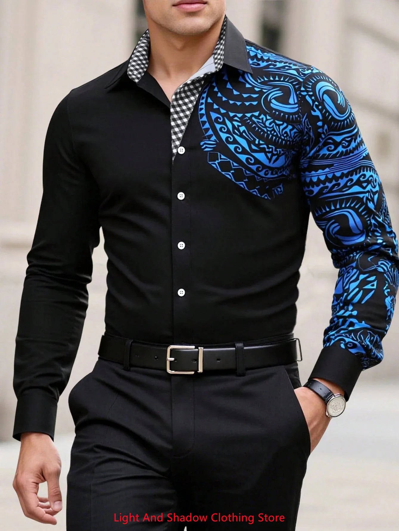 Men's fashionable business casual long sleeve shirt with printed collar, comfortable fit, ideal for social parties by Showlu Fashion Store.