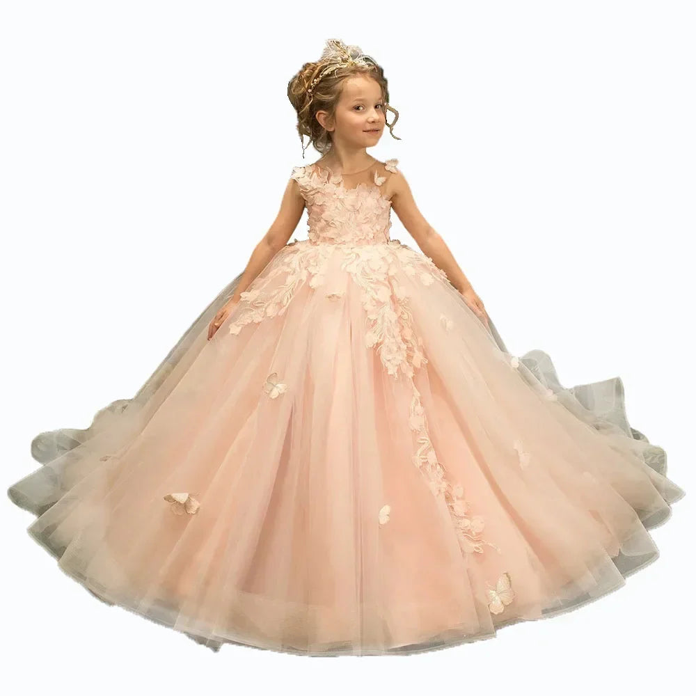 Gdybao flower girl dress with 3D floral appliqué tulle fabric, elegant pageant gown for special occasions