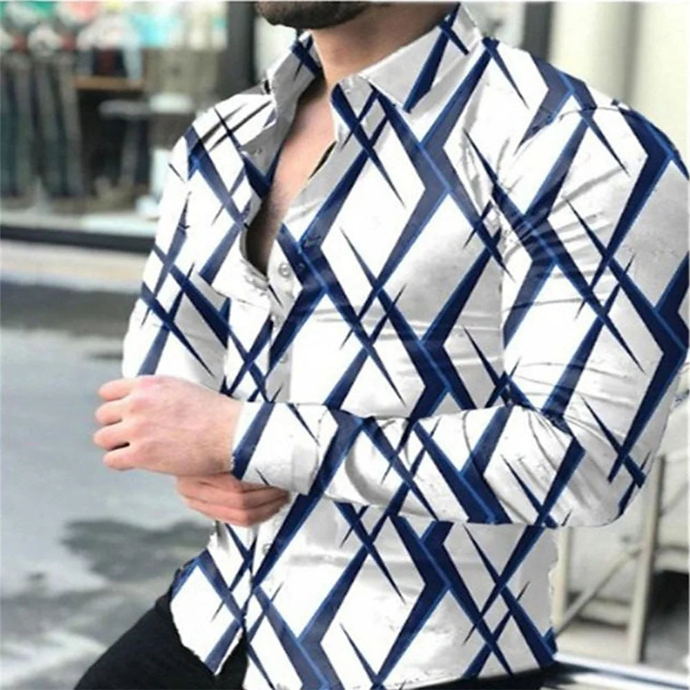 Men's long sleeve fashion shirt with geometric graffiti pattern, slim fit, oversized streetwear style, Showlu brand, casual trendy top.
