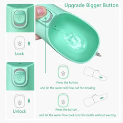 A mint green portable pet water bottle with a button to control water flow and return.