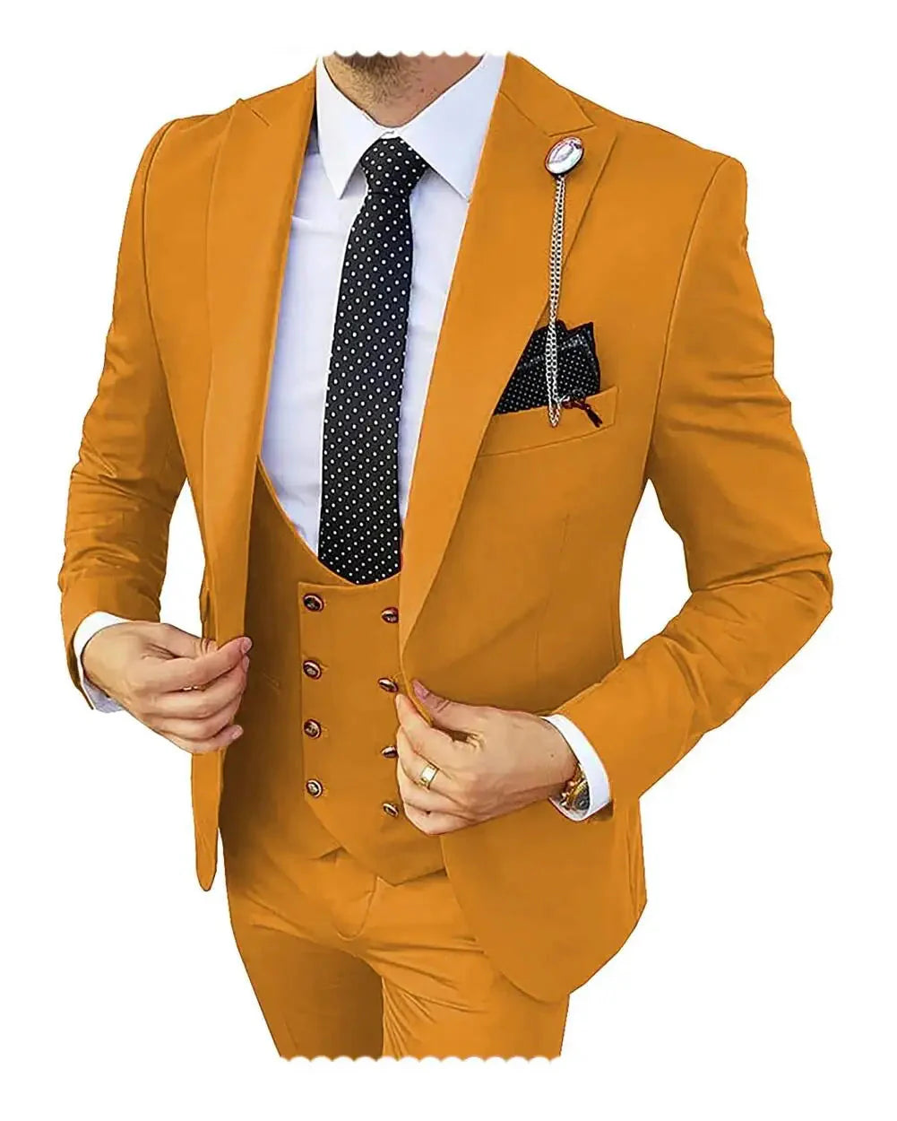 Kromoc men's 3-piece slim fit wedding suit with wool blend fabric, peak lapel tuxedo, displayed on a mannequin.