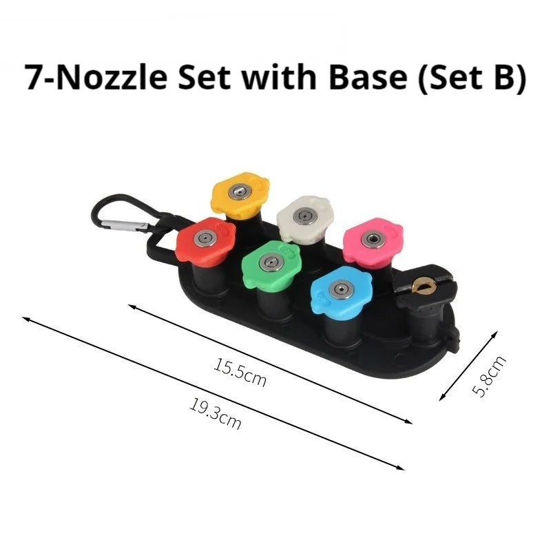 Seven pressure washer nozzles in a set, showing different spray tips for high-pressure cleaning tasks.
