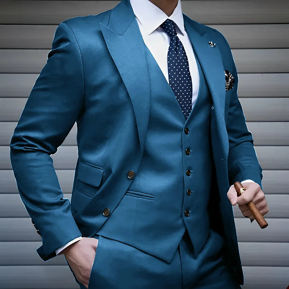 Royal blue men's 3-piece suit with yellow tuxedo jacket, pants, and vest for weddings, by Showlu Fashion Store.