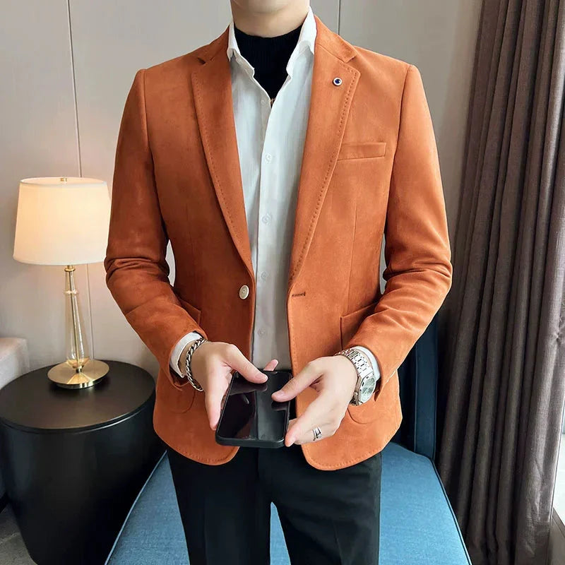 Men's slim fit deerskin velvet blazer by SHOWLU, luxury smart casual coat with tailored fit and soft velvet fabric.