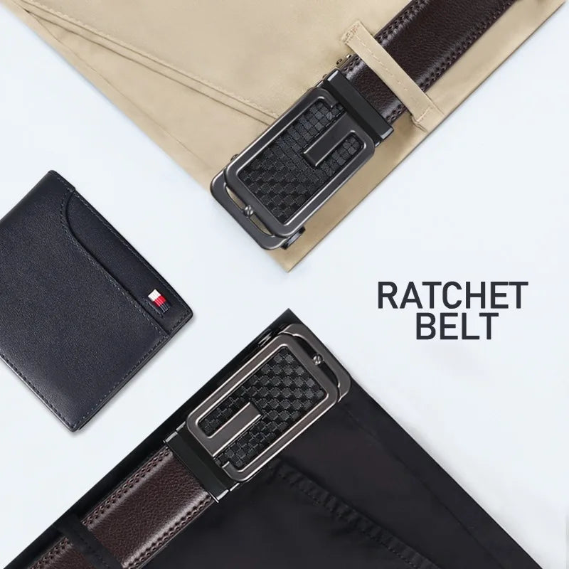 Men's leather belt by Showlu Fashion Store featuring micro-adjustable buckle, perfect for dressing up and versatile outfit options.