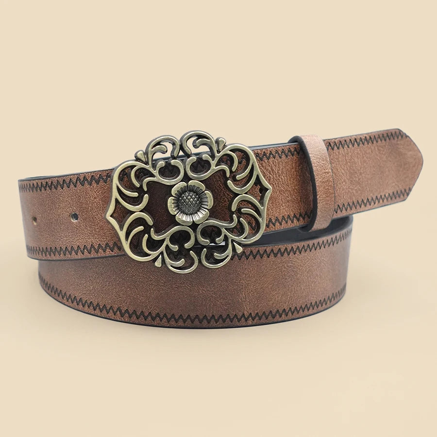 Retro Western denim style belt with decorative print, designed for women, featuring a classic casual and fashionable look.