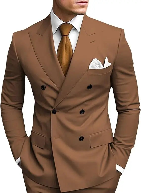 Men's SHOWLU slim fit wool blend double-breasted formal suit jacket with notch lapels and tailored fit, navy color, front view.