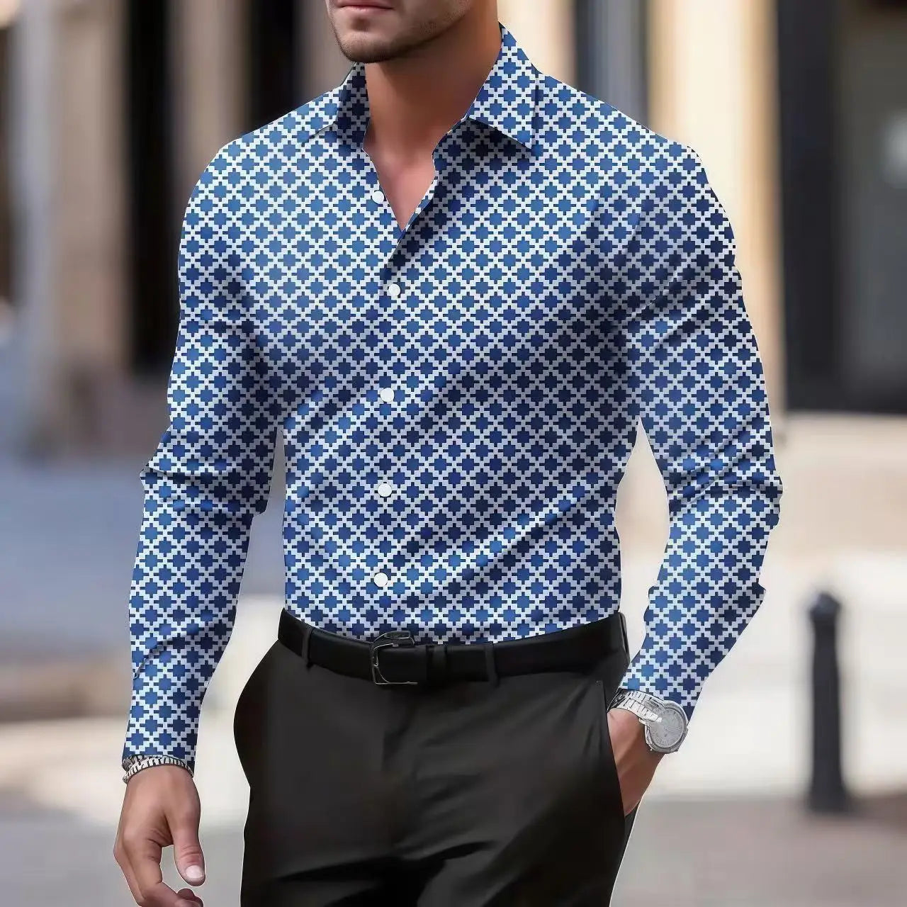 Men's stylish casual long sleeve shirt by Showlu Fashion, breathable fabric, gradient design, turn-down collar, suitable for business or casual wear.
