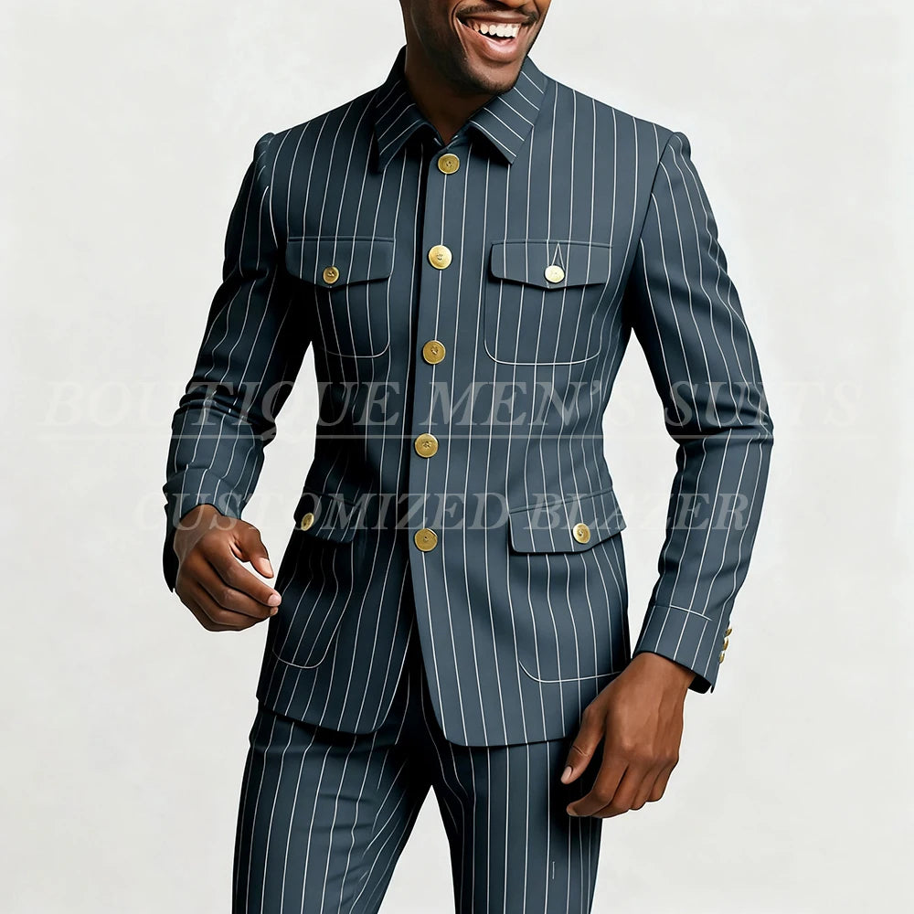 Elegant pinstripe men's suit by Showlu Fashion featuring a single-breasted jacket, stand lapel, slim fit, with matching pants.
