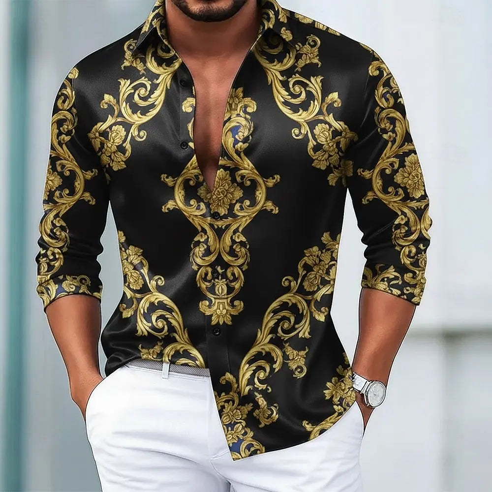 Men's long sleeve 3D floral graphic shirt with vintage European art print, modern streetwear style for autumn winter casual wear.