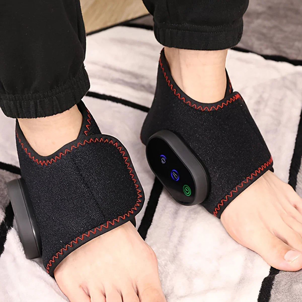 SHOWLU Rechargeable Ankle Massager with vibration and heat therapy, showing the device wrapped around an ankle for pain relief.