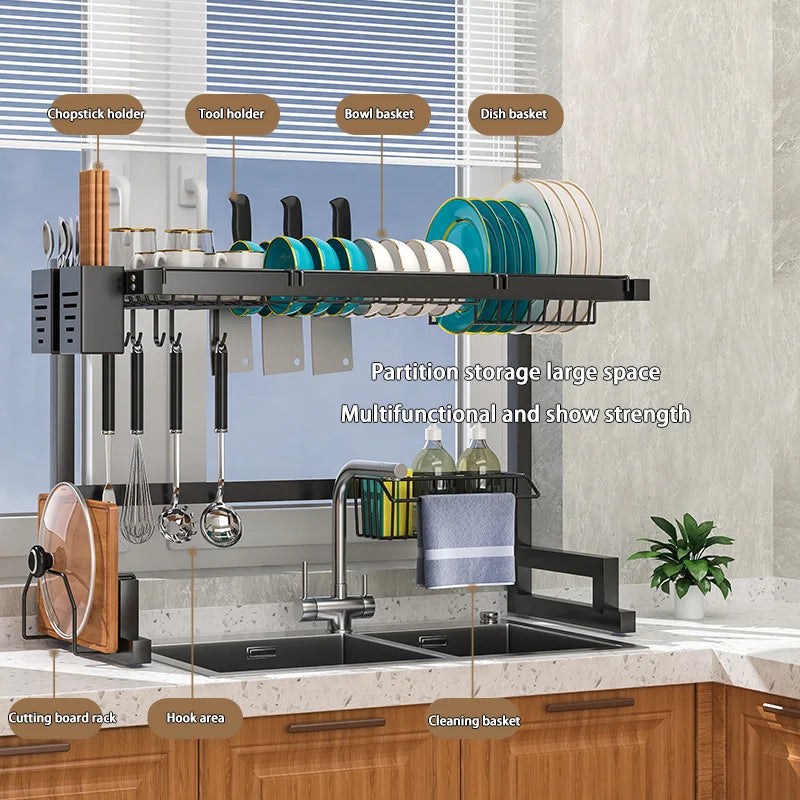 Stainless steel Showlu kitchen sink dish drain rack with utensil holder, designed for organized and efficient drying.